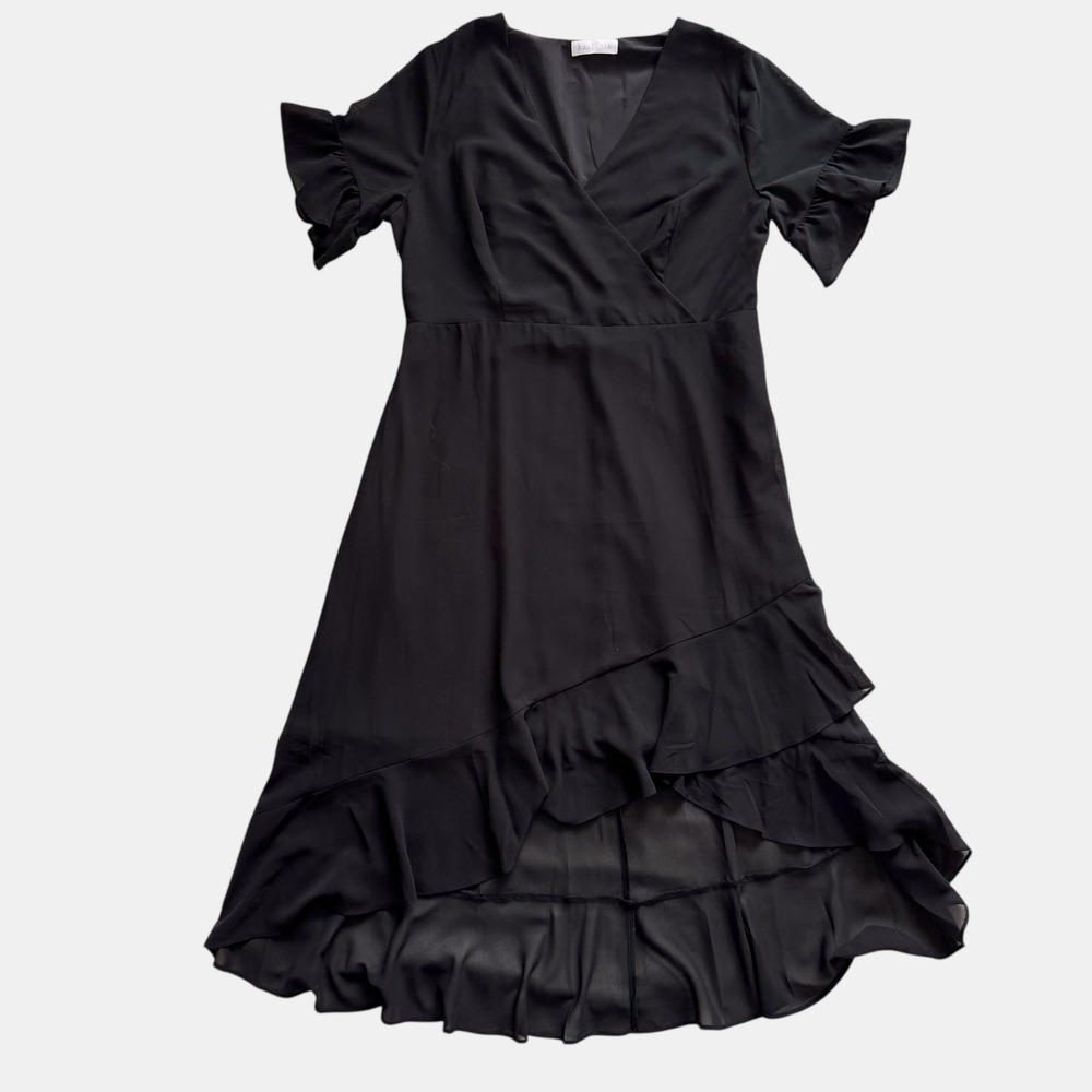 Azalosie Black High-Low Ruffle Wrap Dress XL Flutter Sleeve Whimsigoth Boho